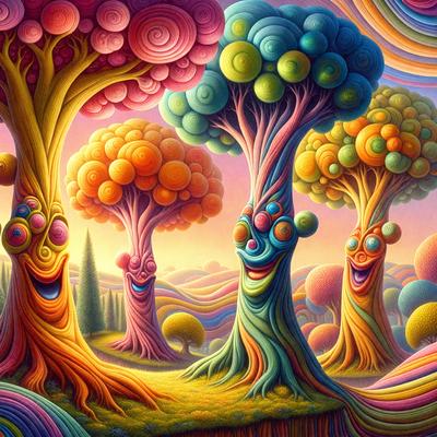 The primary subject of the image is a group of colorful trees, which are the main focus of the scene. The setting is a lush, vibrant forest with a variety of trees and a hillside. The visual style is a combination of digital art and illustration, creating a whimsical and imaginative atmosphere. The colors and mood are predominantly bright and cheerful, with a sense of playfulness and creativity.
